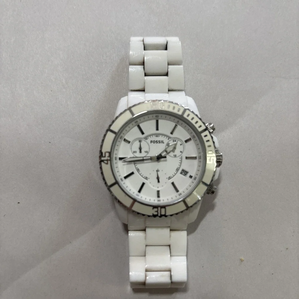 Fossil Mens Watch 42mm White Dial Chronograph CH-2624 Resin New Battery EUC